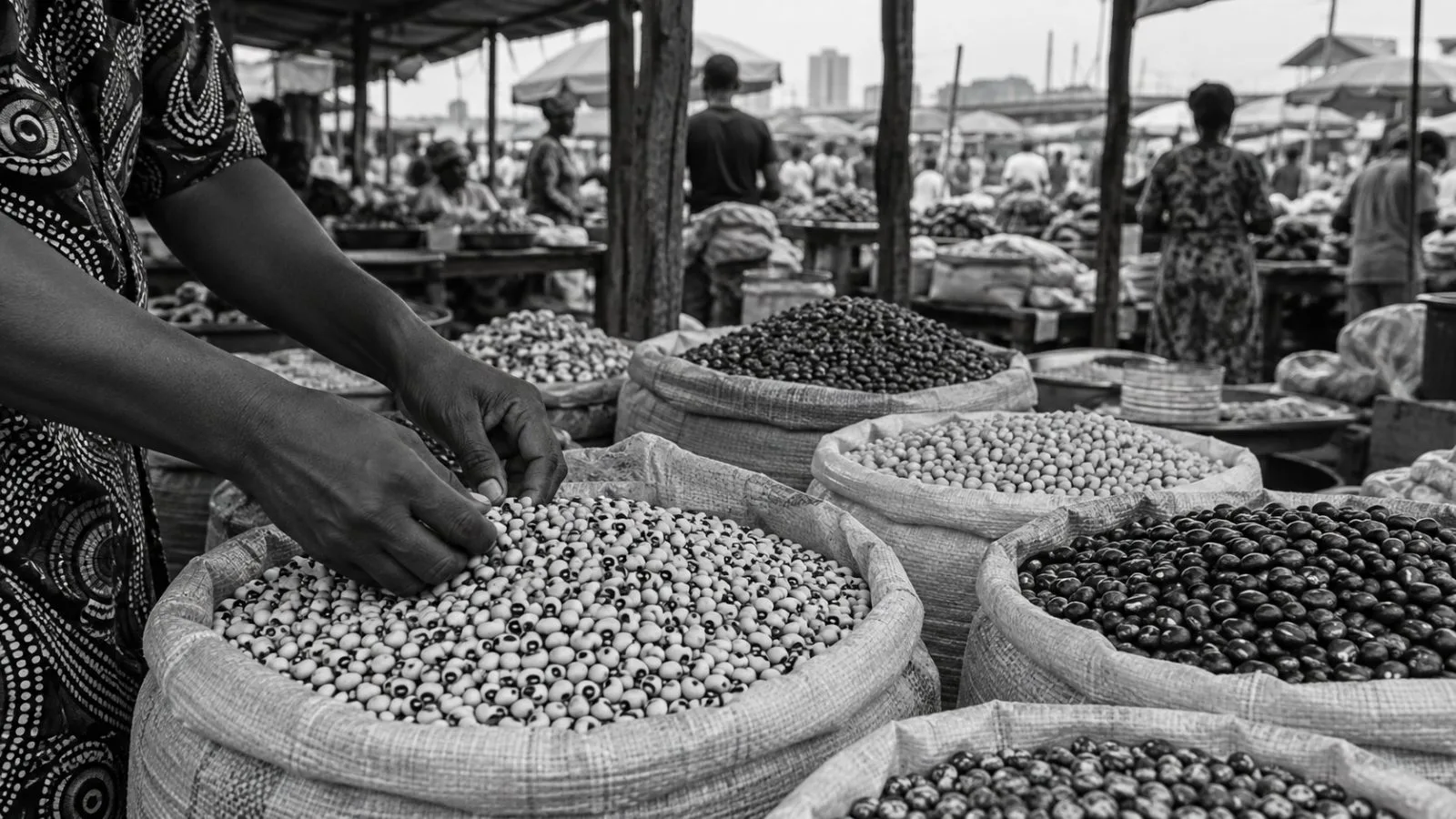 A vendor's hands sort dry beans at a market stall in Lagos, Nigeria. (AI-generated image / EconoTimes)