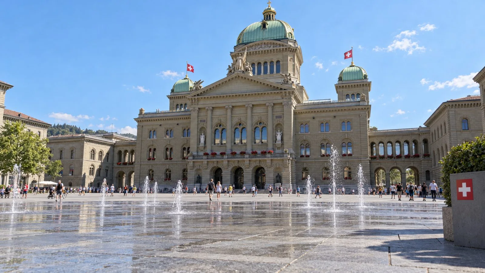 Visitors cross Bern's sunlit Bundesplatz in front of the Federal Palace / EconoTimes.ai