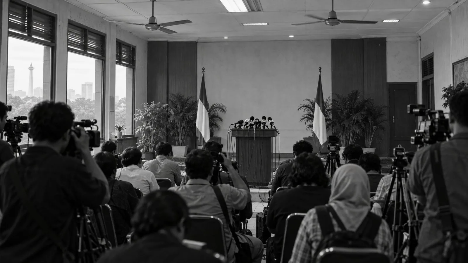 Reporters photograph a government press briefing in Jakarta, Indonesia. (AI-generated image / EconoTimes)