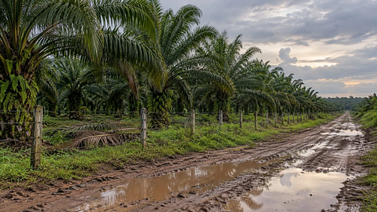Oil palm rows line a rural access road in Alto Acará, Pará, Brazil. (AI-generated image / EconoTimes)