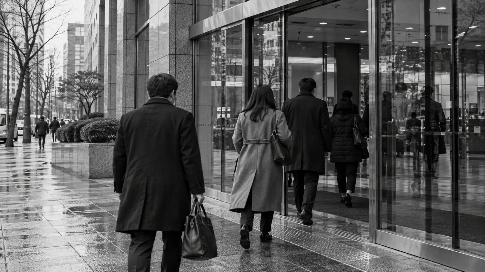 Customers enter a bank branch in Seoul on an overcast morning. (AI-generated image / EconoTimes)