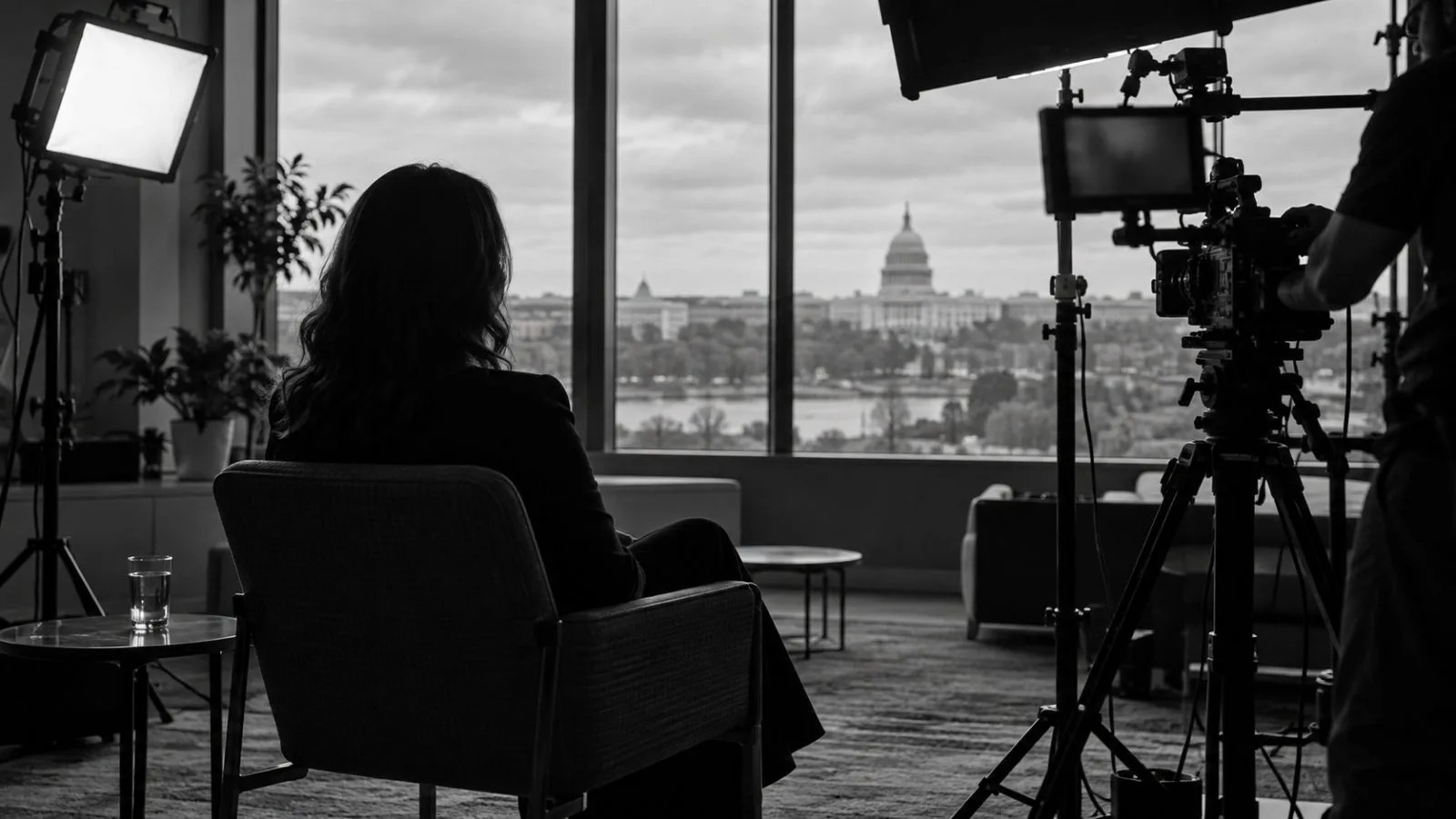 A studio camera frames an interview set in Washington, D.C., during an overcast afternoon. (AI-generated image / EconoTimes)