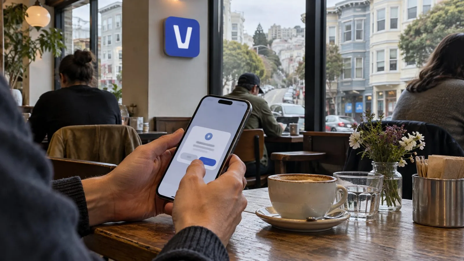 A user reviews a data sharing request on a phone in a San Francisco cafe / EconoTimes.ai