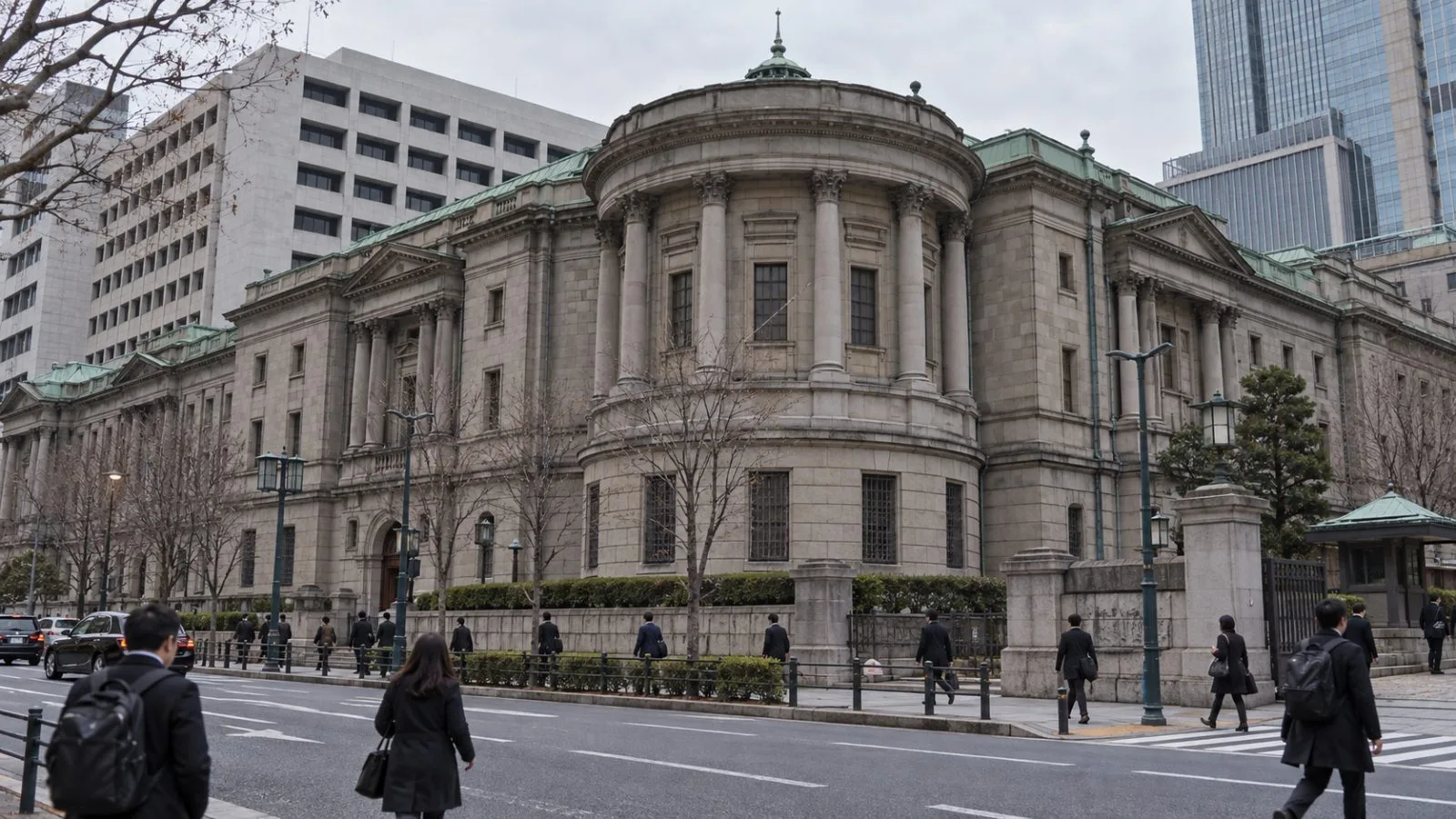 The Bank of Japan headquarters stands behind morning commuters in Tokyo’s Nihonbashi district. (AI-generated image / EconoTimes)