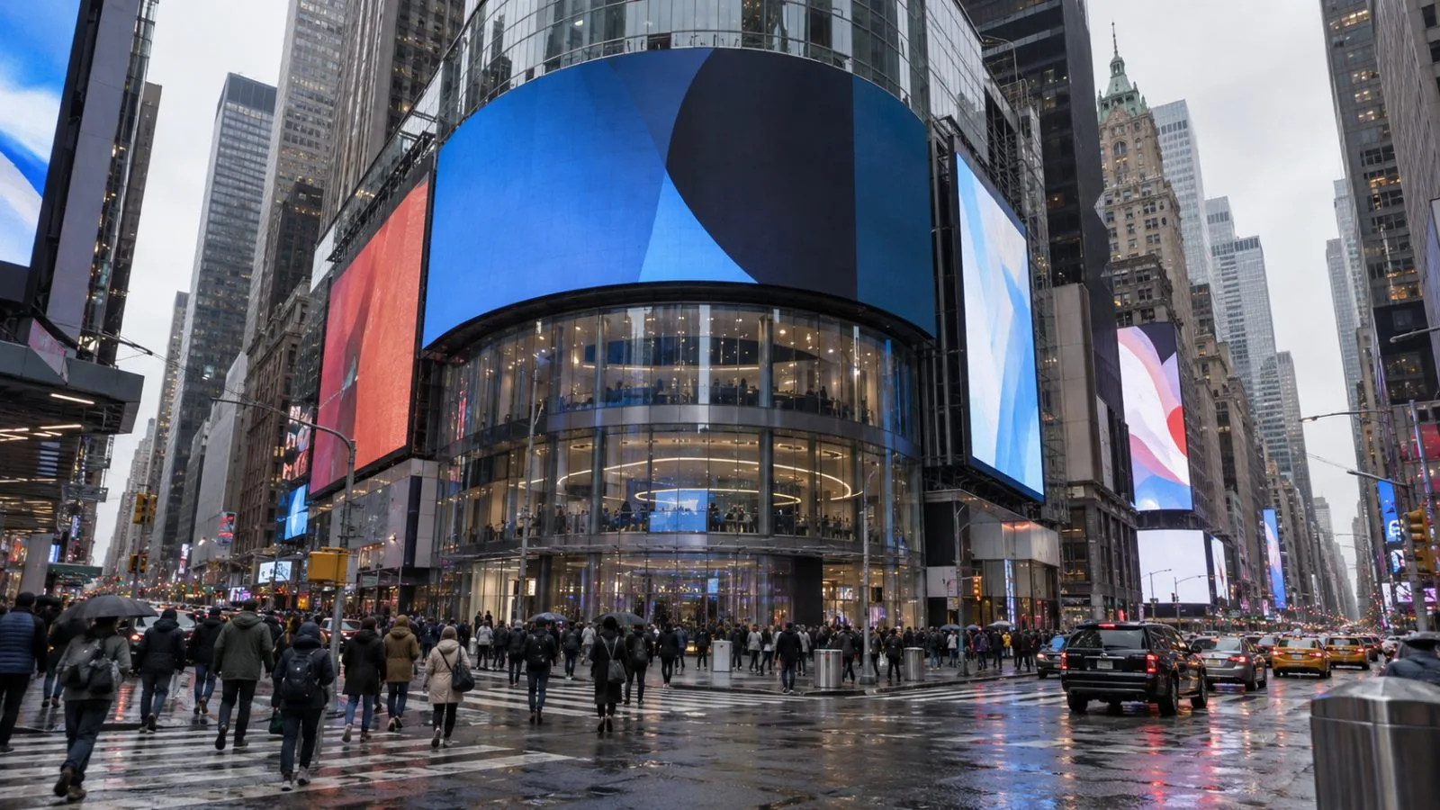Pedestrians pass the Nasdaq MarketSite building in New York City on an overcast afternoon. (AI-generated image / EconoTimes)