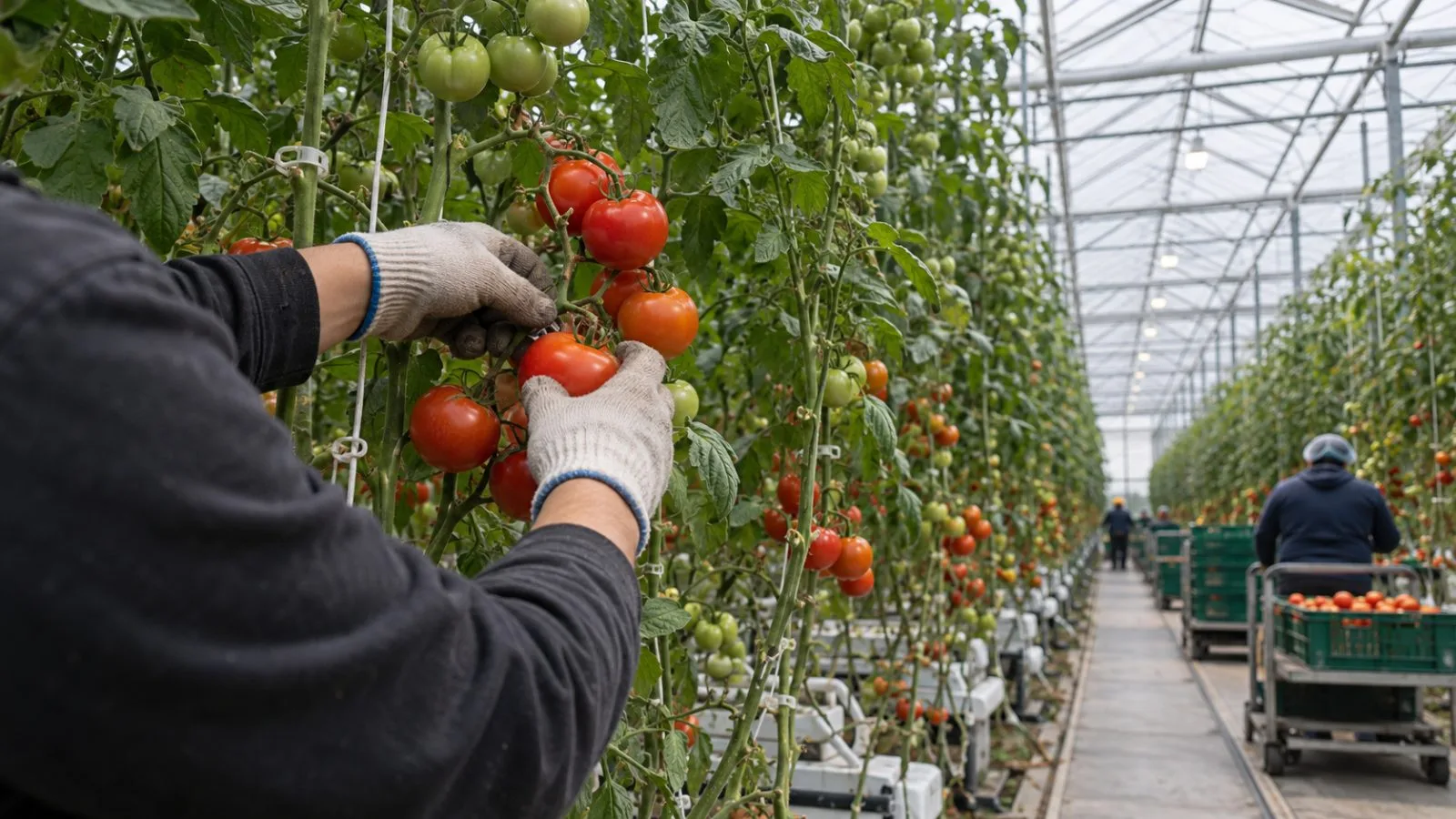 Tomato vines fill a commercial greenhouse in Leamington, Ontario, Canada. (AI-generated image / EconoTimes)