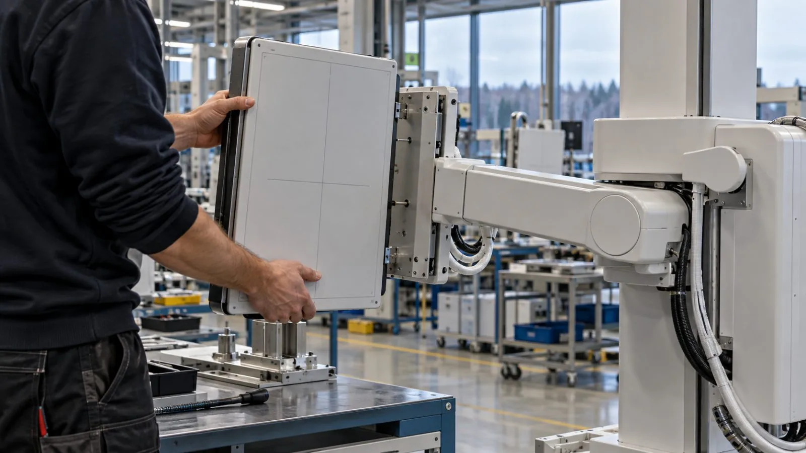 A technician’s hands adjust a digital X-ray detector at a manufacturing facility in Växjö, Sweden. (AI-generated image / EconoTimes)