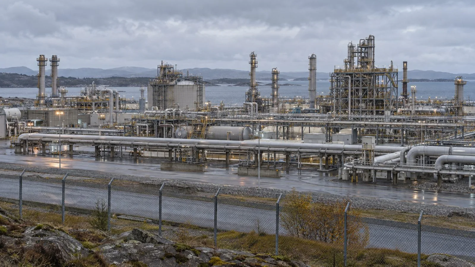 Pipework and processing units stand at the Kårstø gas plant near Haugesund, Norway. (AI-generated image / EconoTimes)