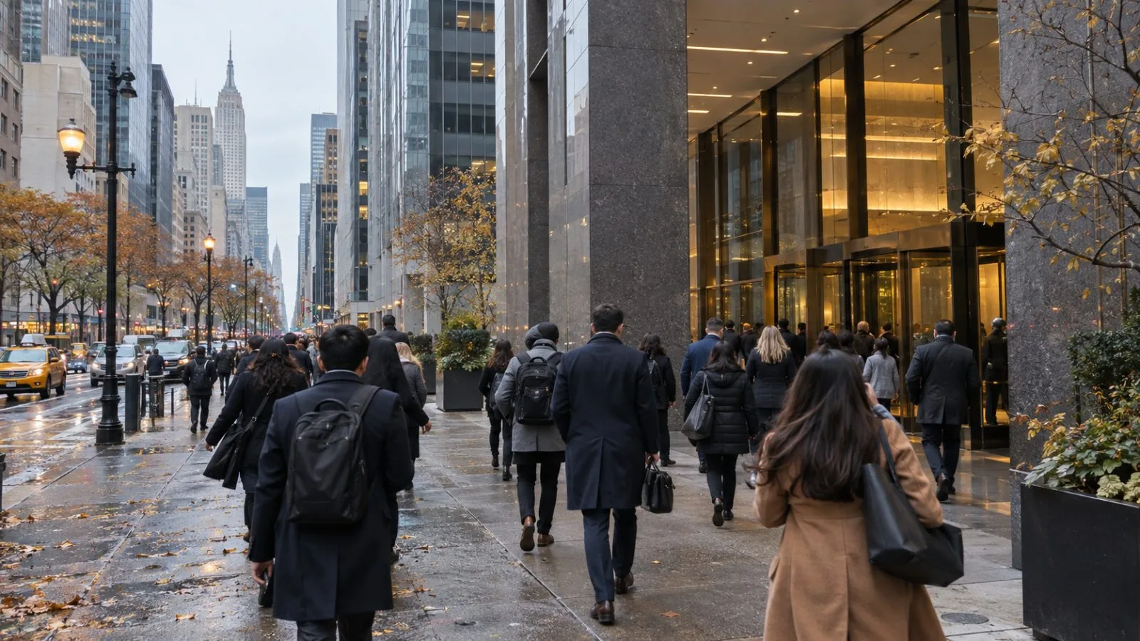 Commuters enter office towers in Midtown Manhattan, New York City, on an overcast morning. (AI-generated image / EconoTimes)