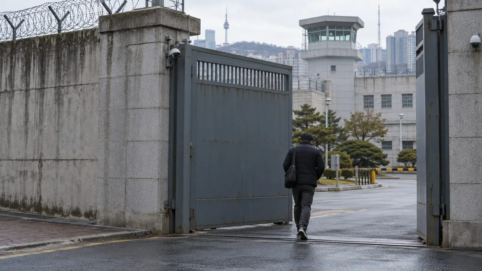 A secure vehicle gate stands outside Seoul Southern Detention Center in Seoul, South Korea. (AI-generated image / EconoTimes)