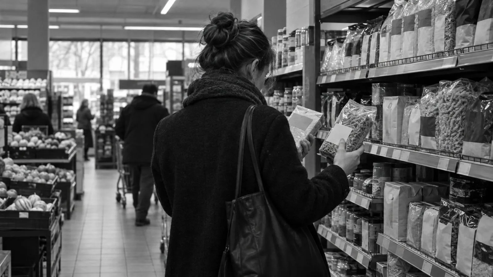 A shopper compares packaged goods in a Berlin supermarket aisle. (AI-generated image / EconoTimes)