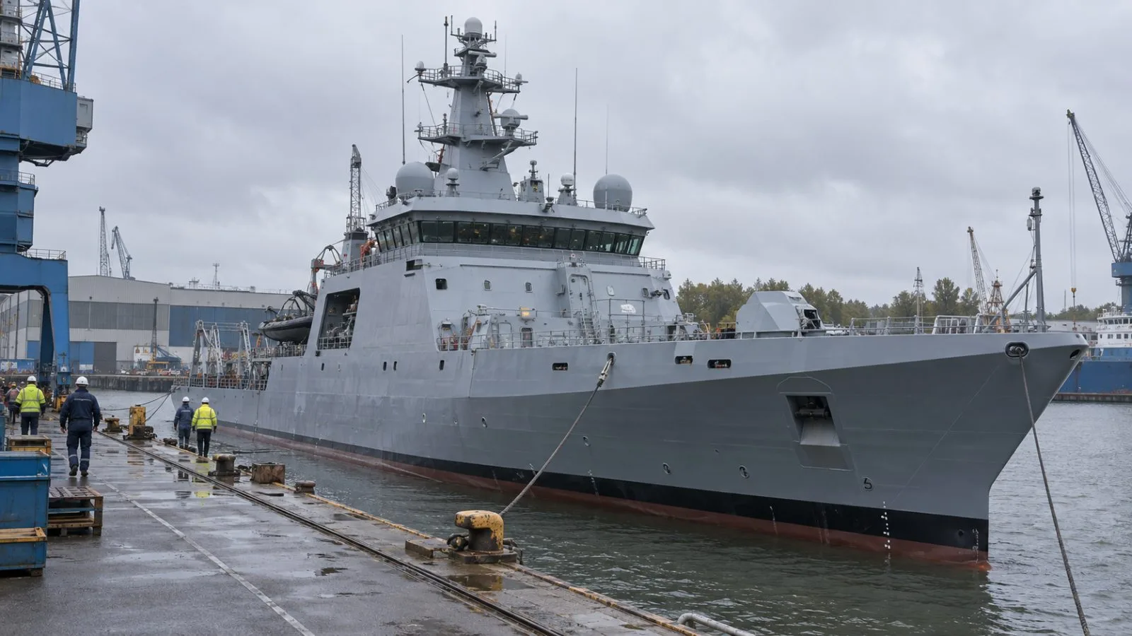 A newly launched offshore patrol vessel rests beside the Fassmer shipyard in Berne, Germany. (AI-generated image / EconoTimes)