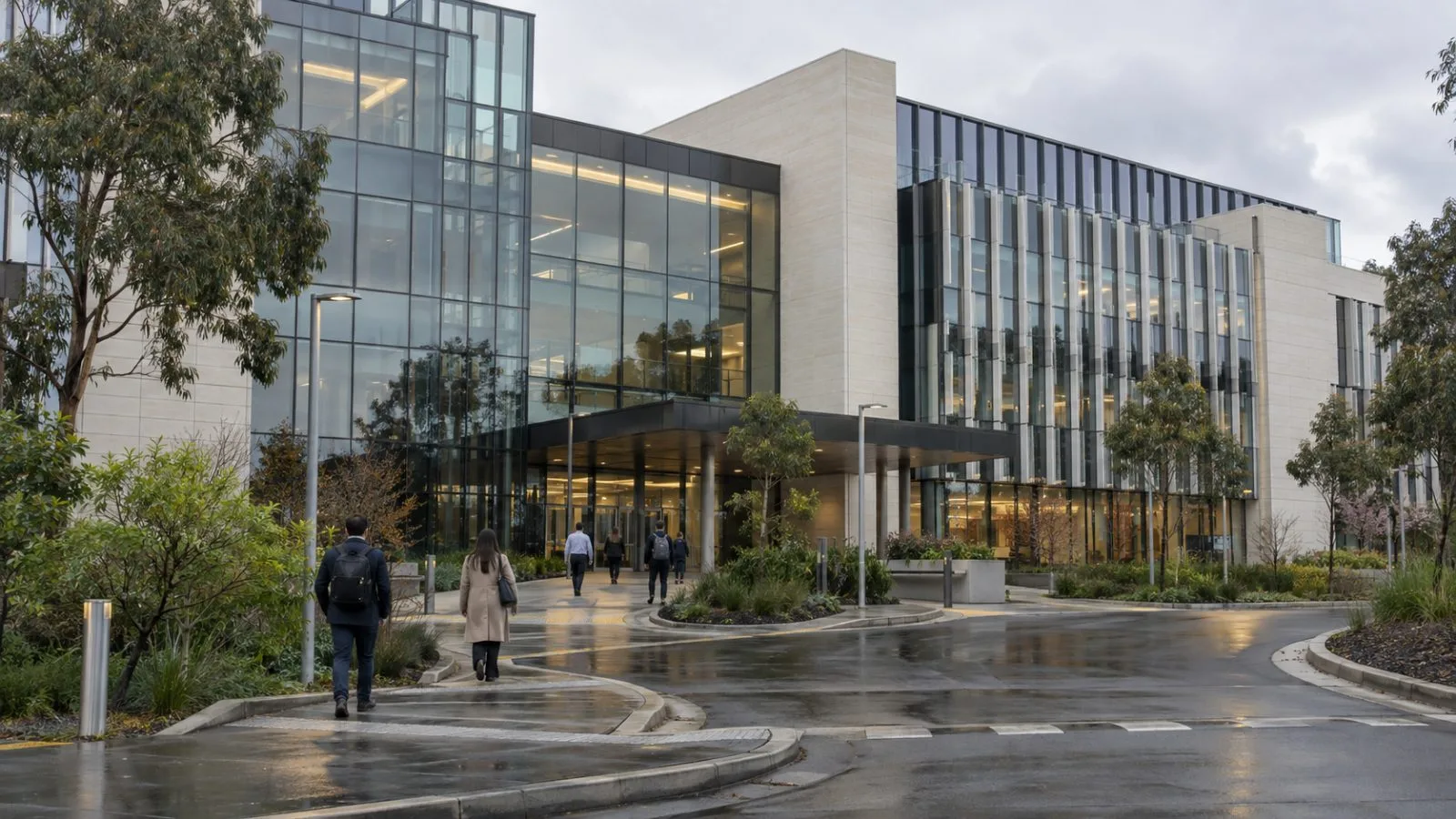 Employees enter a headquarters building in Melbourne's Parkville biomedical precinct. (AI-generated image / EconoTimes)