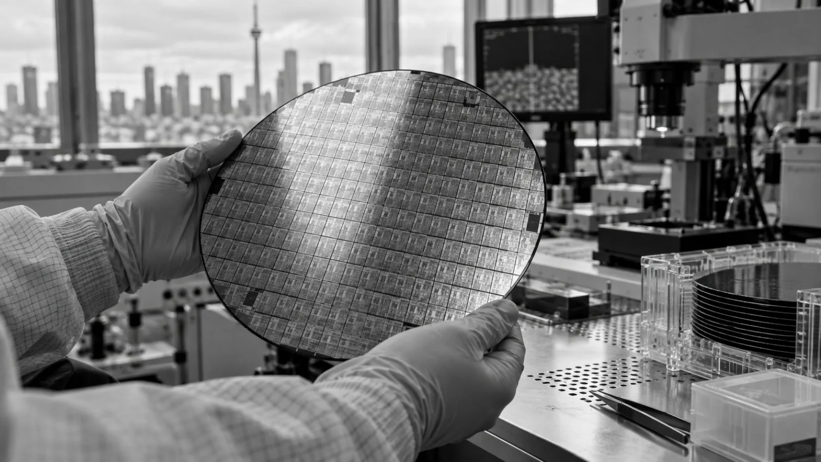 Gloved hands inspect a silicon wafer in a semiconductor laboratory in Toronto, Canada. (AI-generated image / EconoTimes)