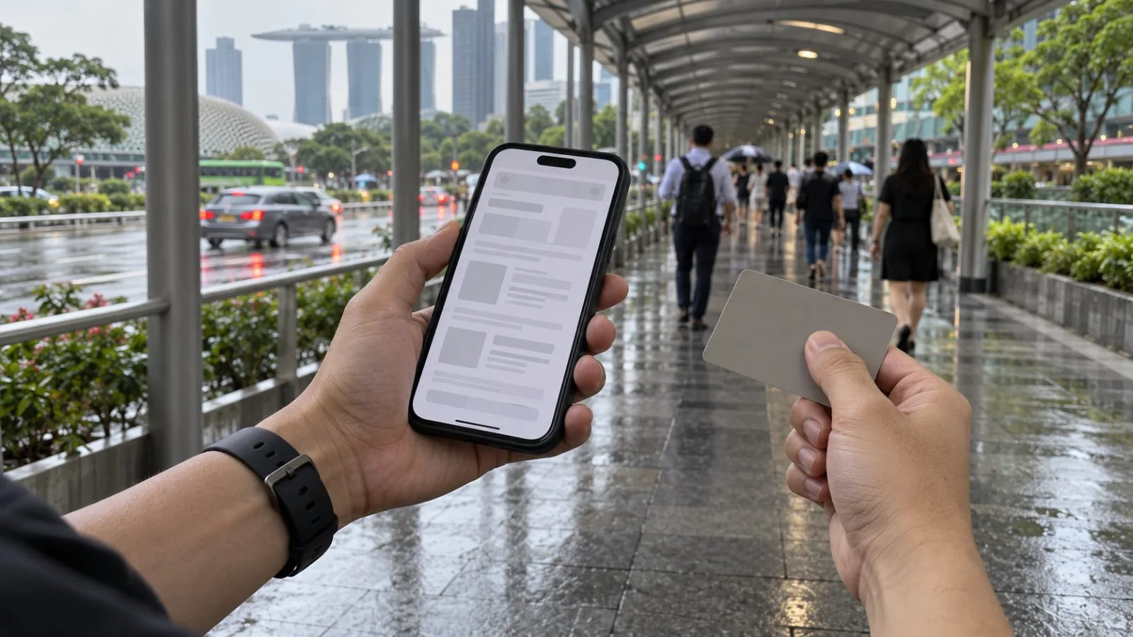 A person holds a phone and payment card under a covered walkway in Singapore. (AI-generated image / EconoTimes)