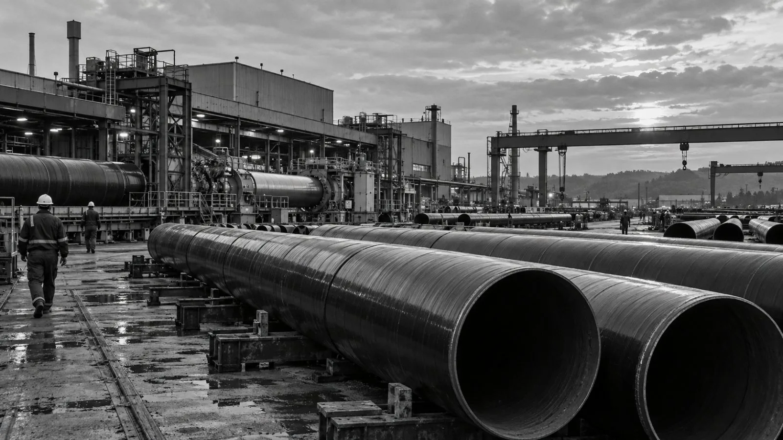 Coated steel line pipes sit beside a production line at a facility in Little Rock, Arkansas. (AI-generated image / EconoTimes)