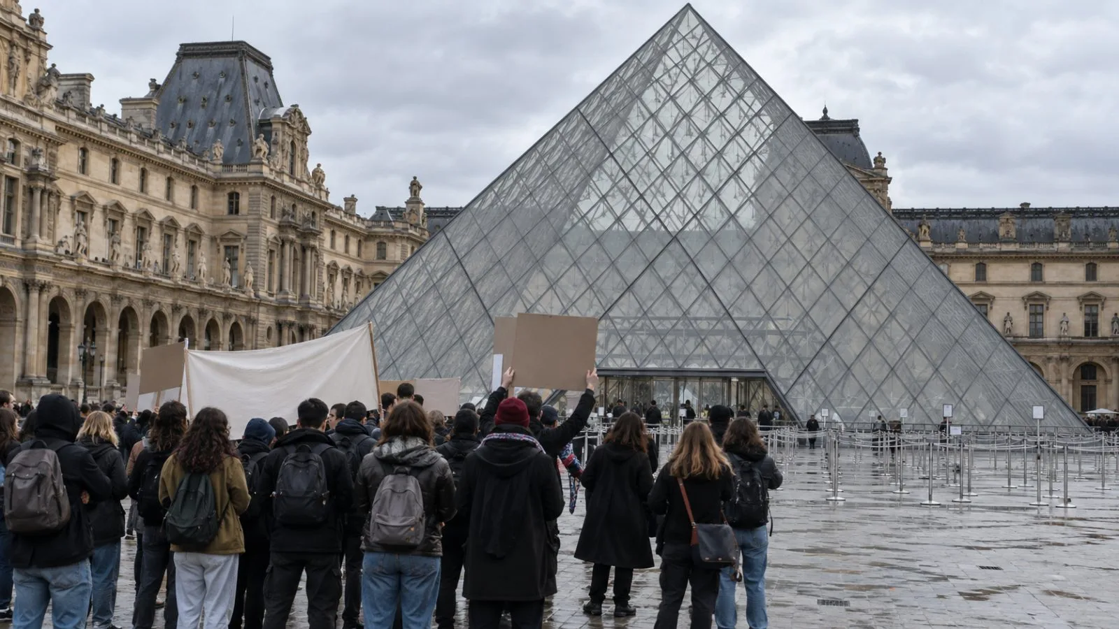 Student demonstrators gather outside the closed Louvre entrance in Paris, France (AI-generated image / EconoTimes)