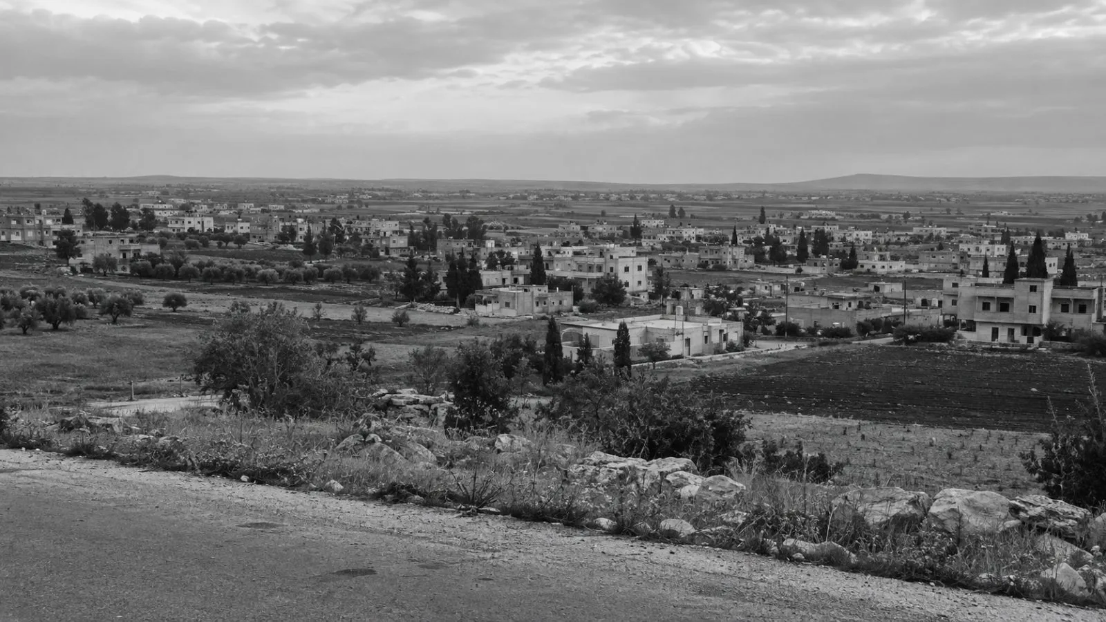 Low-rise homes and fields extend across Daraa province in southern Syria beneath an overcast sky. (AI-generated image / EconoTimes)