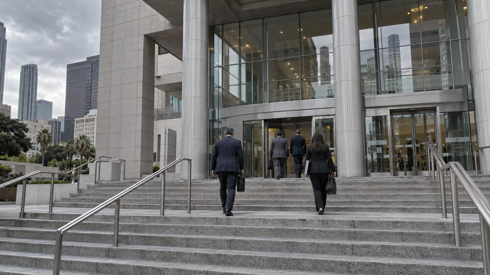 Lawyers enter the federal courthouse in downtown Los Angeles, California, beneath an overcast sky. (AI-generated image / EconoTimes)