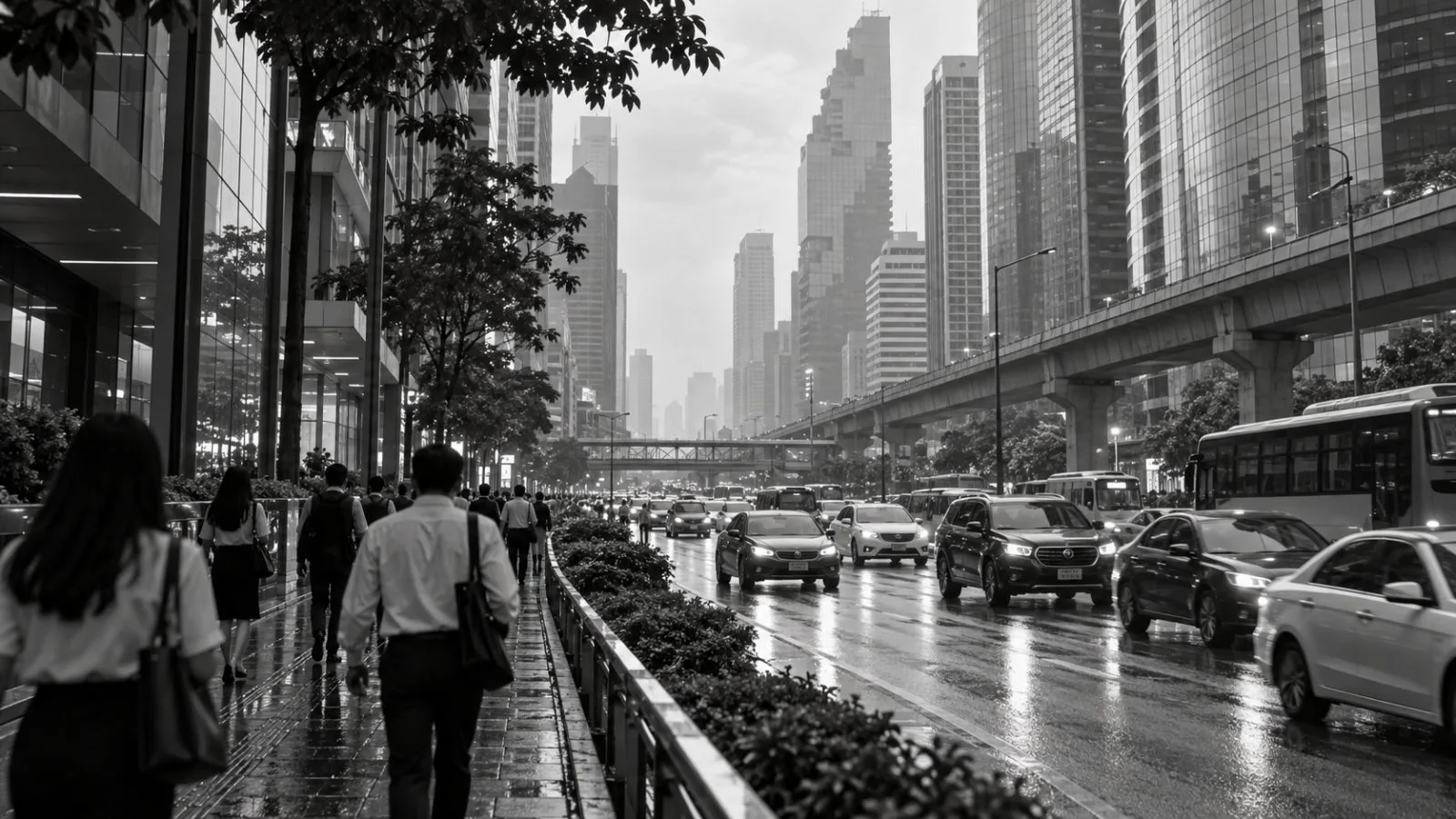 Commuters pass office towers along Sathorn Road in Bangkok, Thailand. (AI-generated image / EconoTimes)