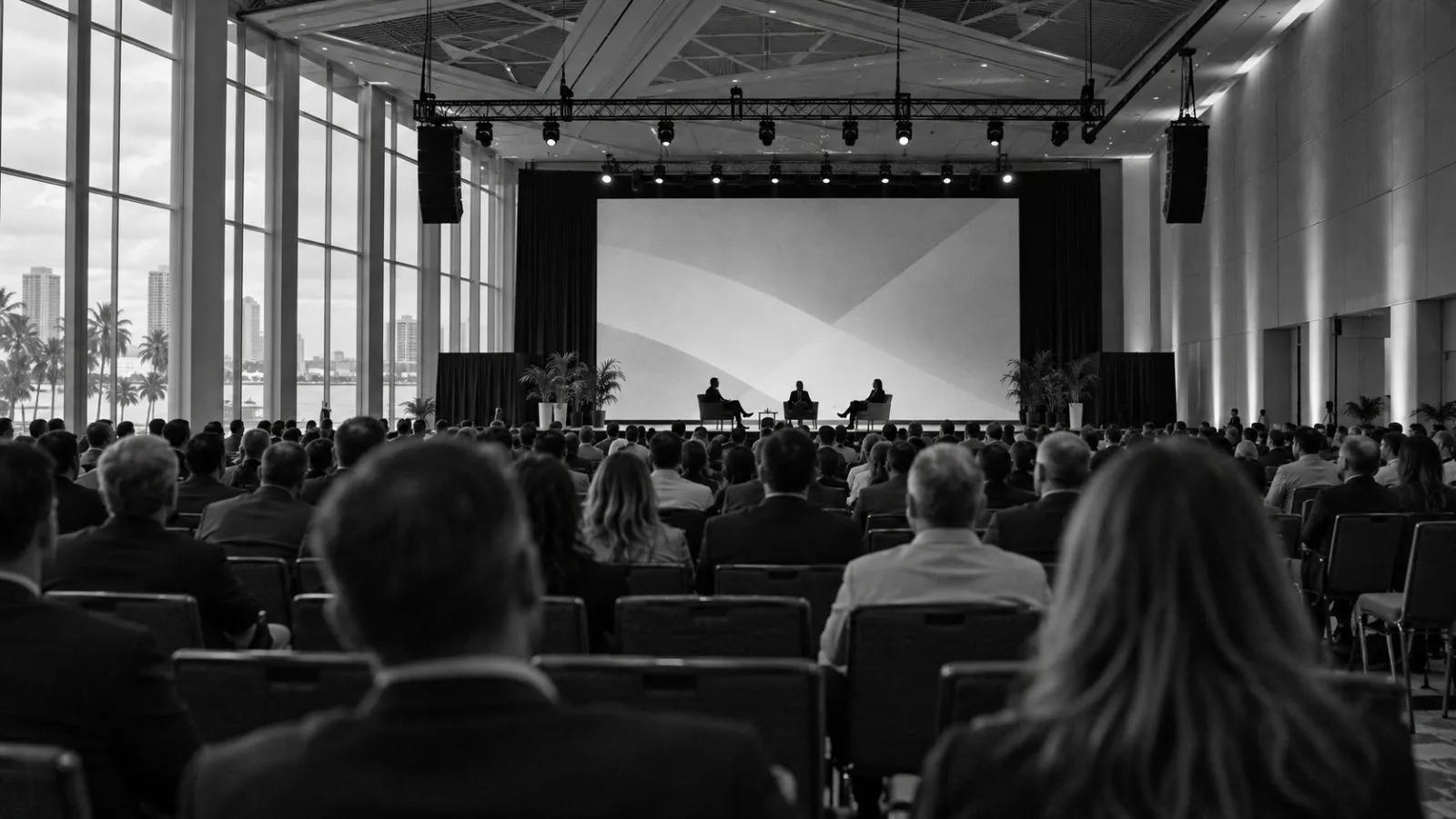 Delegates listen during a financial services panel at the Miami Beach Convention Center in Miami. (AI-generated image / EconoTimes)