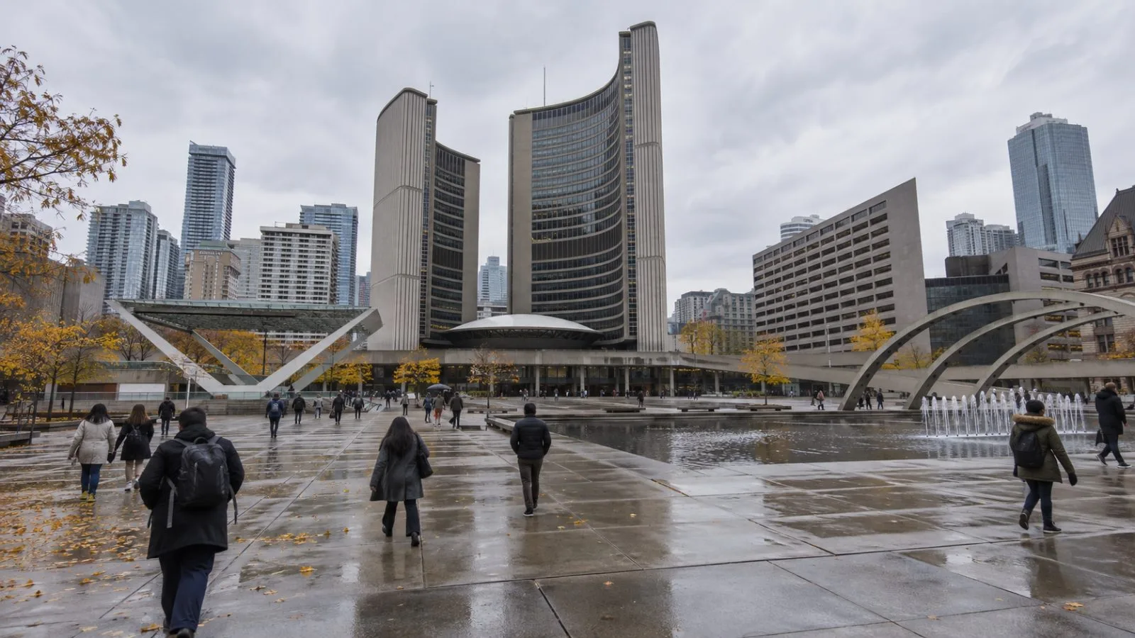 Pedestrians cross the plaza outside Toronto City Hall as the mayoral election approaches. (AI-generated image / EconoTimes)