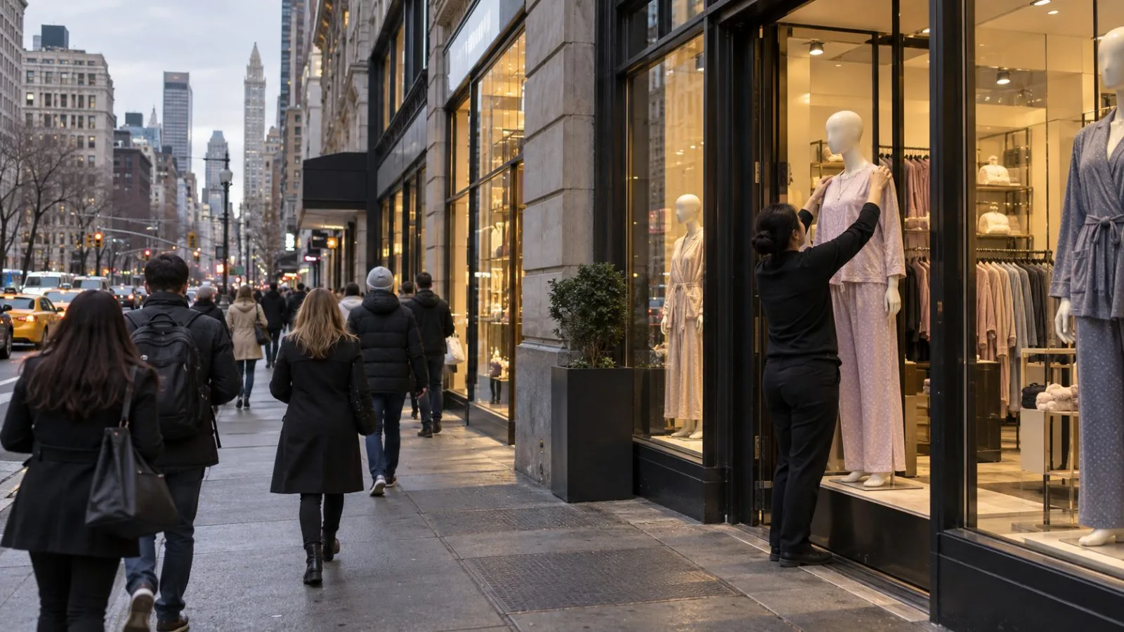 Shoppers pass a lingerie retailer on a Manhattan shopping street in New York City. (AI-generated image / EconoTimes)
