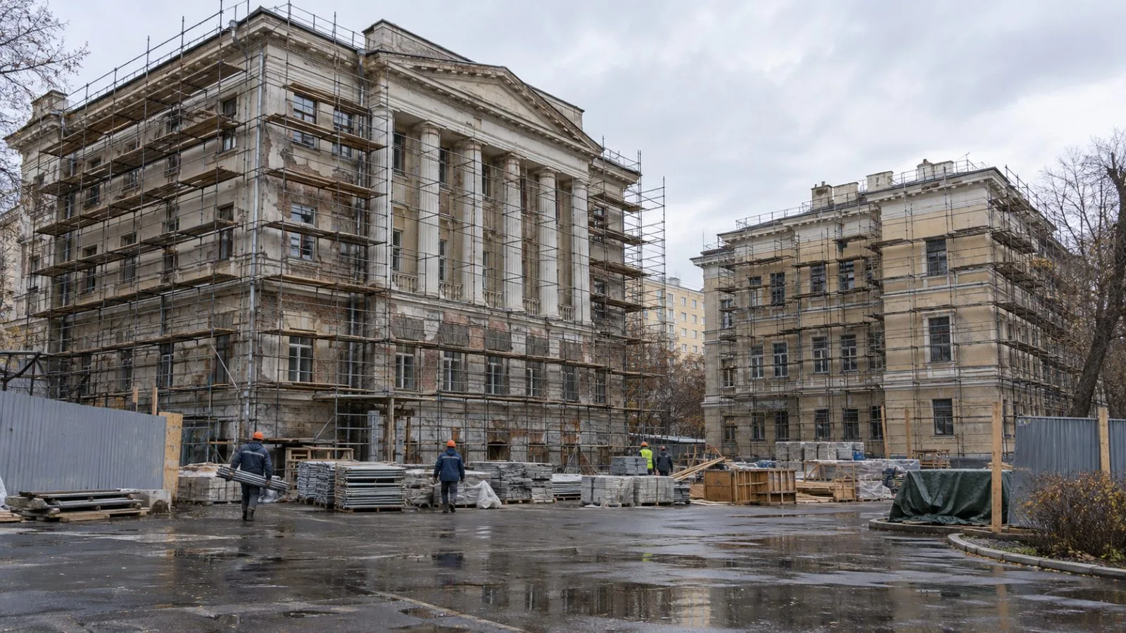 Scaffolding surrounds buildings under reconstruction at a veterans' rehabilitation facility in central Moscow. (AI-generated image / EconoTimes)