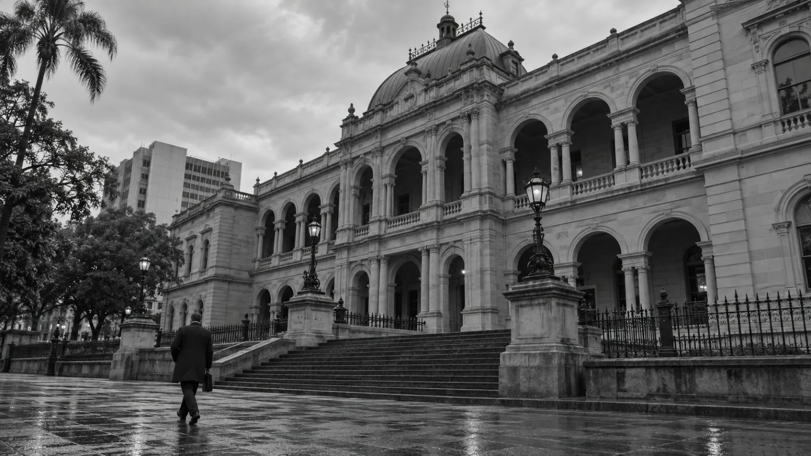 A passerby walks past Queensland Parliament House in Brisbane beneath an overcast morning sky (AI-generated image / EconoTimes)