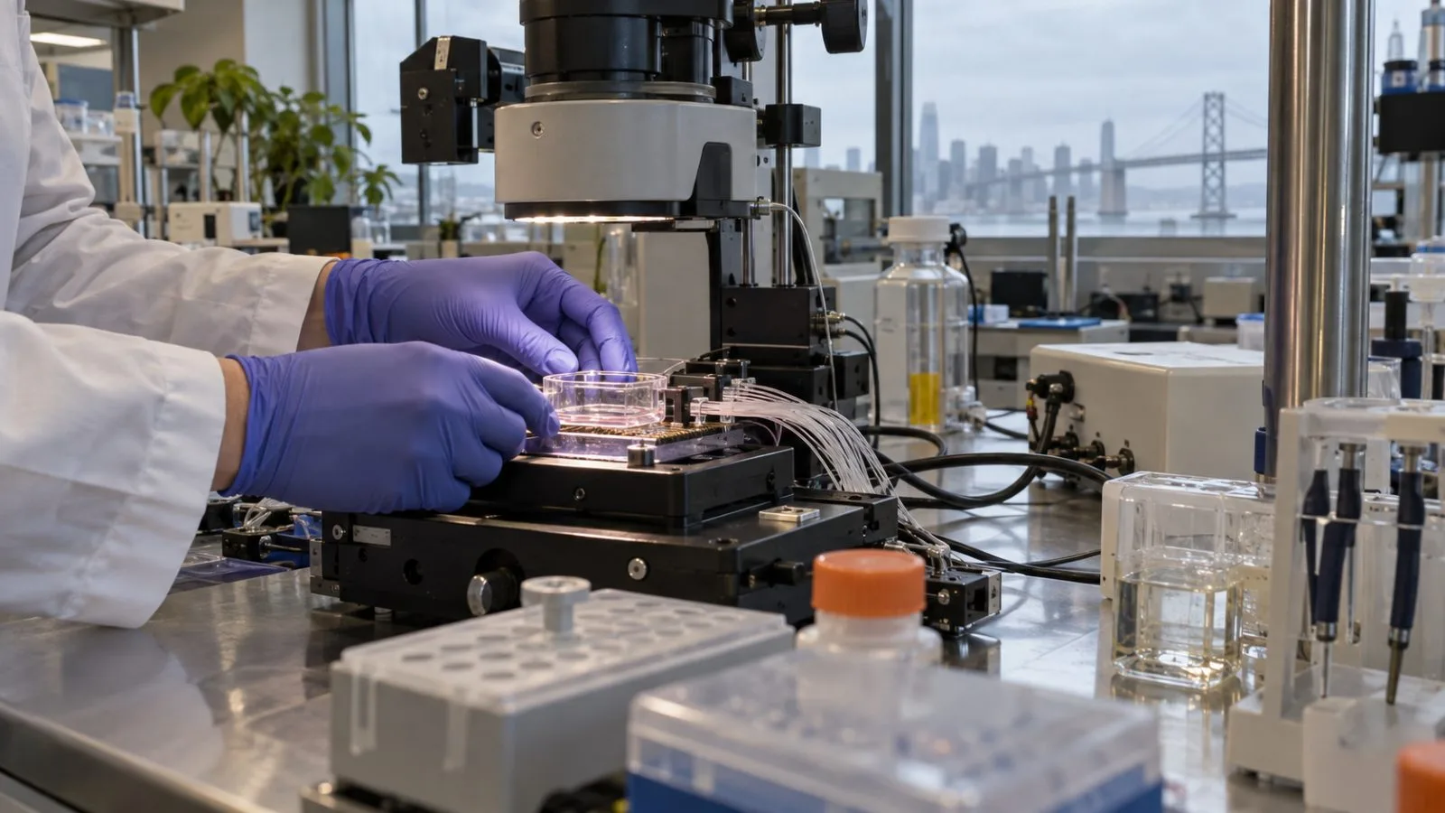 Gloved hands position a neural culture dish for testing in a San Francisco laboratory (AI-generated image / EconoTimes)