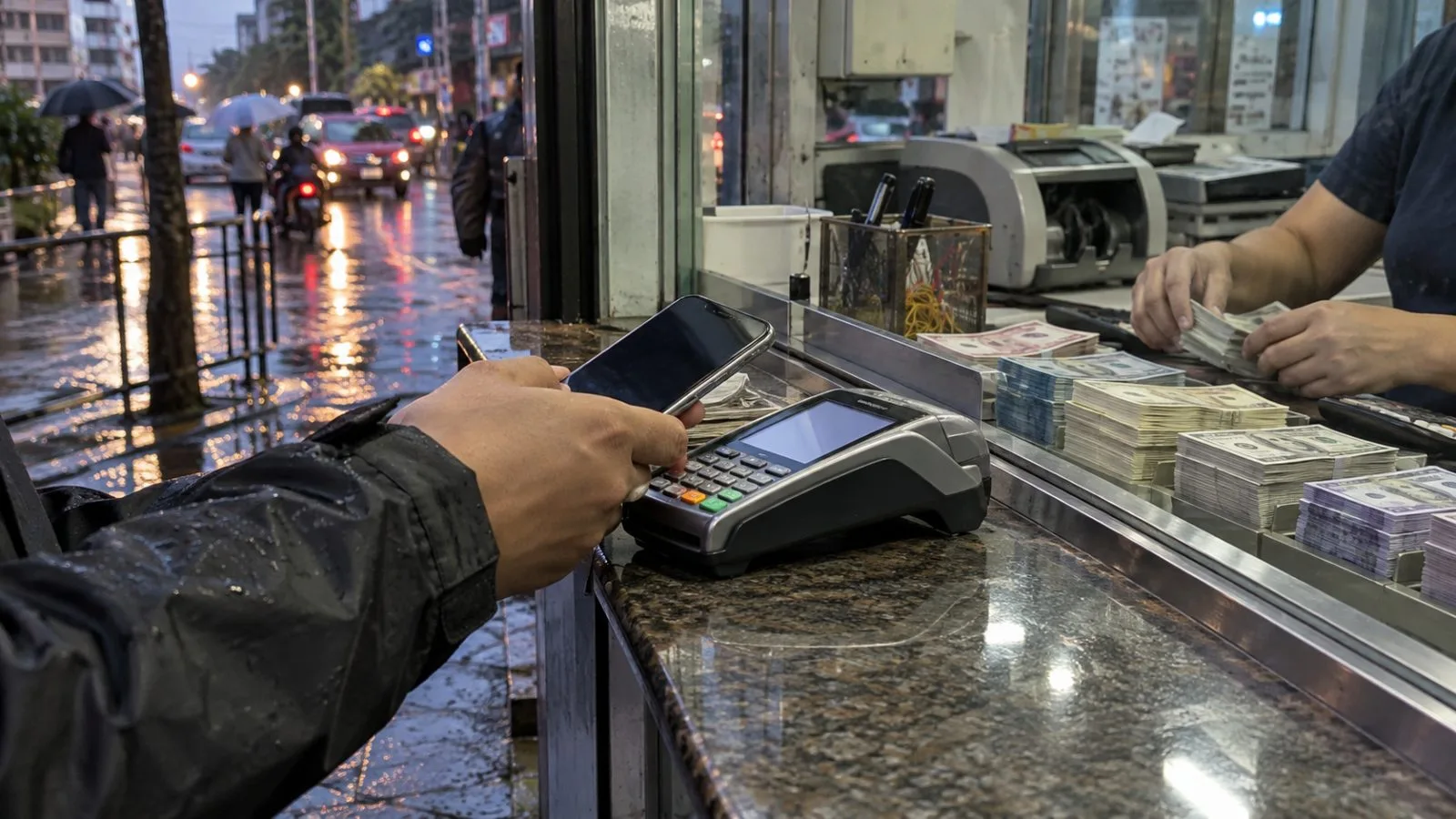 A customer holds a smartphone beside a currency exchange counter in Makati, Manila. (AI-generated image / EconoTimes)