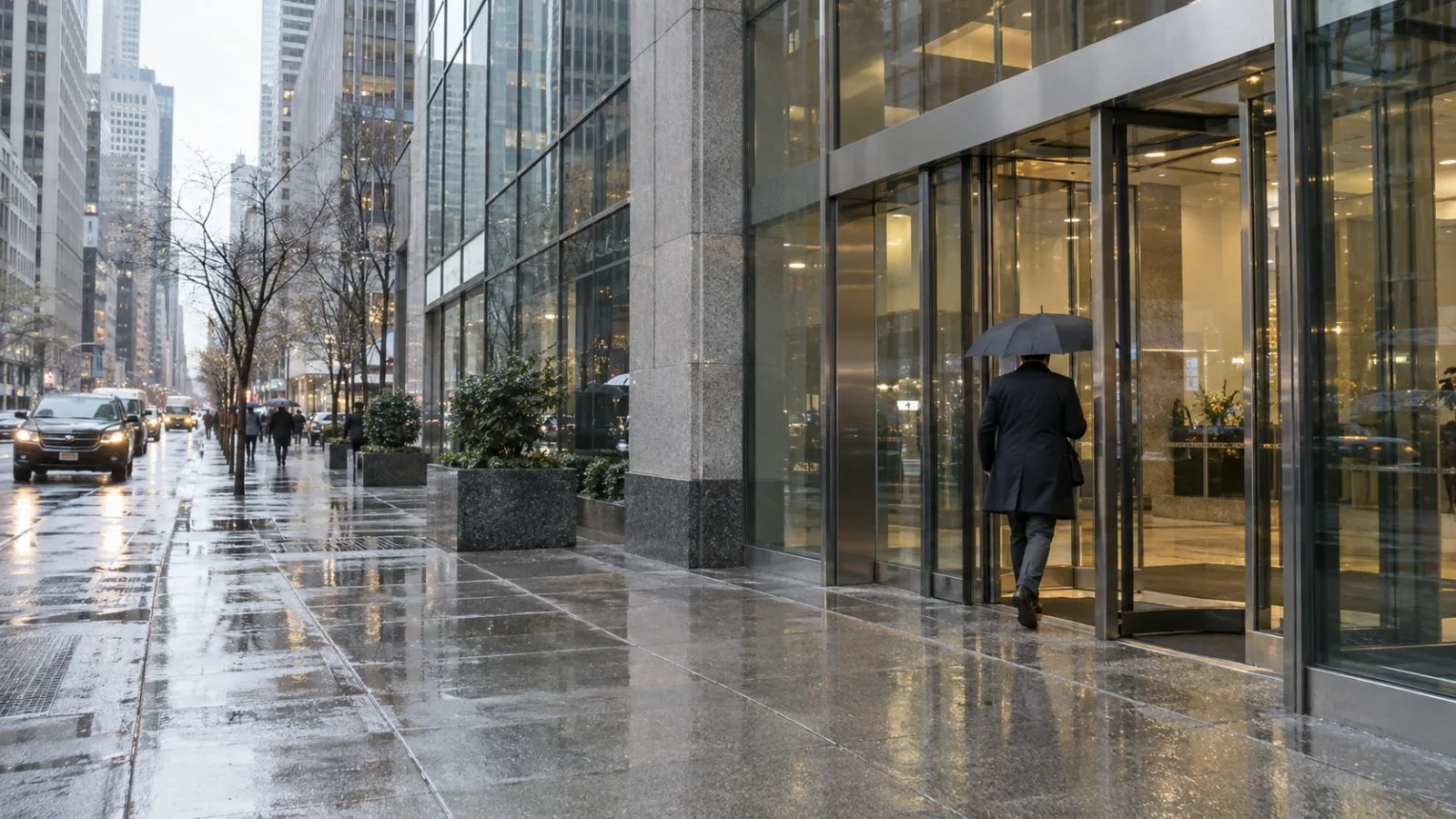 Office workers enter a glass-fronted commercial building on a rainy afternoon in New York City (AI-generated image / EconoTimes)