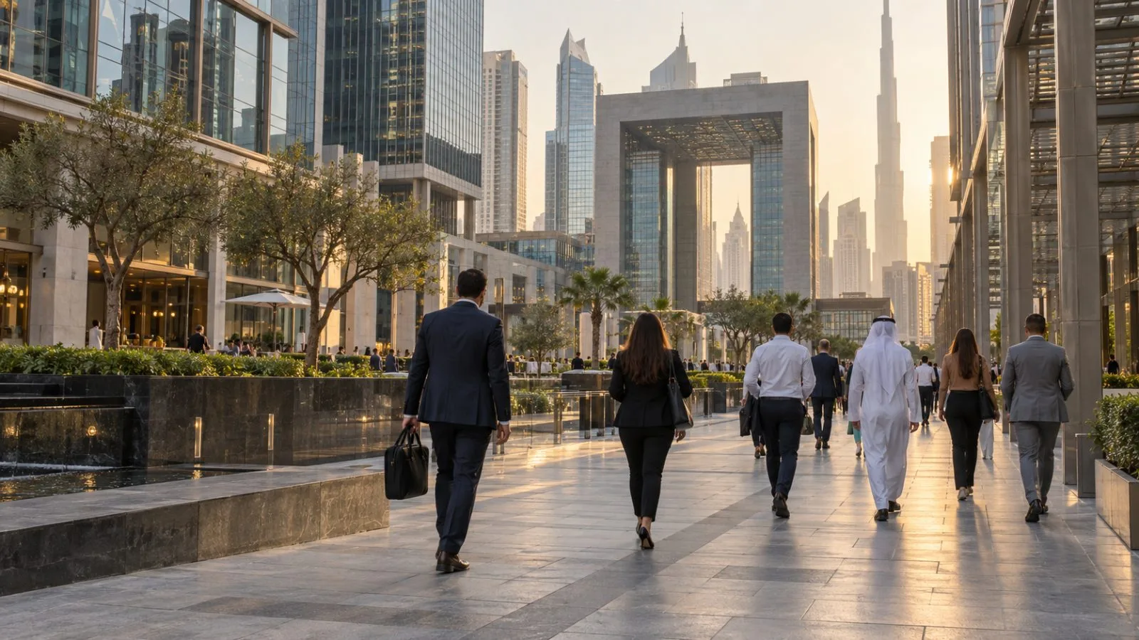 Office workers walk through Dubai’s DIFC district during the evening commute. (AI-generated image / EconoTimes)