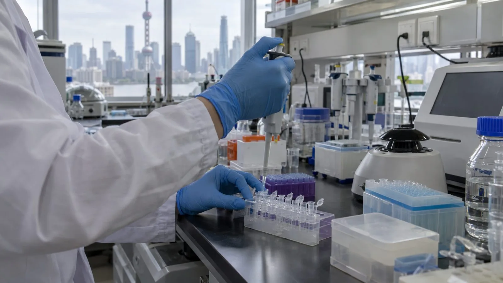 Gloved hands prepare samples inside a biomedical laboratory in Shanghai, China. (AI-generated image / EconoTimes)
