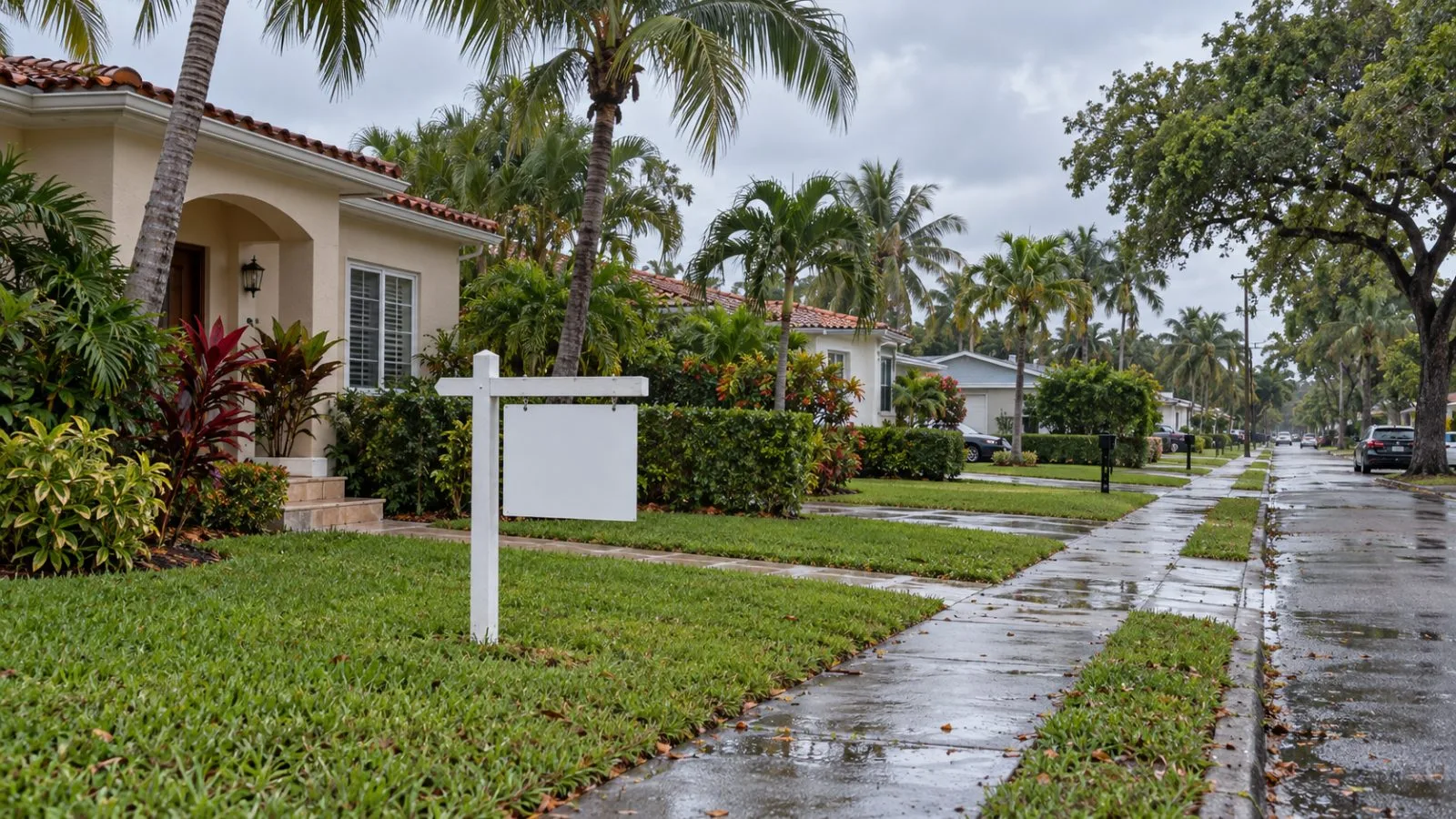 A real-estate listing sign stands outside a home on a residential street in Miami, Florida. / EconoTimes.ai