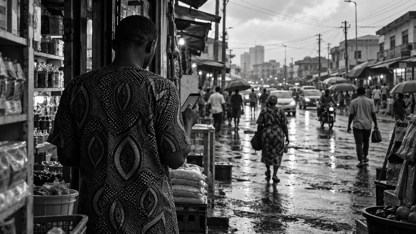 A shopkeeper checks a smartphone outside a neighborhood shop in Lagos, Nigeria. (AI-generated image / EconoTimes)