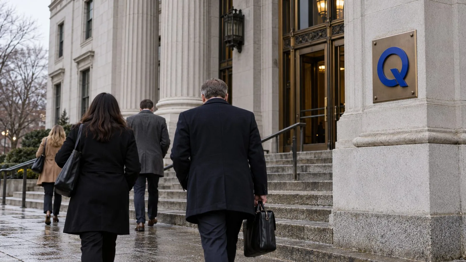People pass the federal courthouse entrance in Wilmington, Delaware, after proceedings in a technology licensing dispute. / EconoTimes.ai