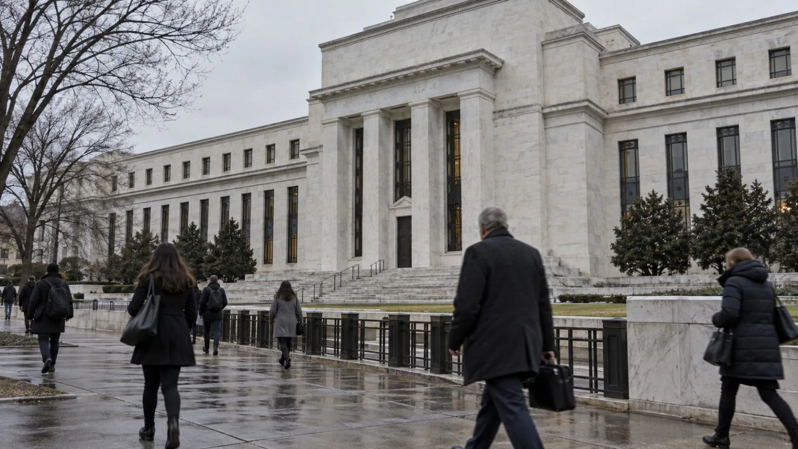 Pedestrians pass the Federal Reserve Board building in Washington, D.C., on an overcast morning. (AI-generated image / EconoTimes)
