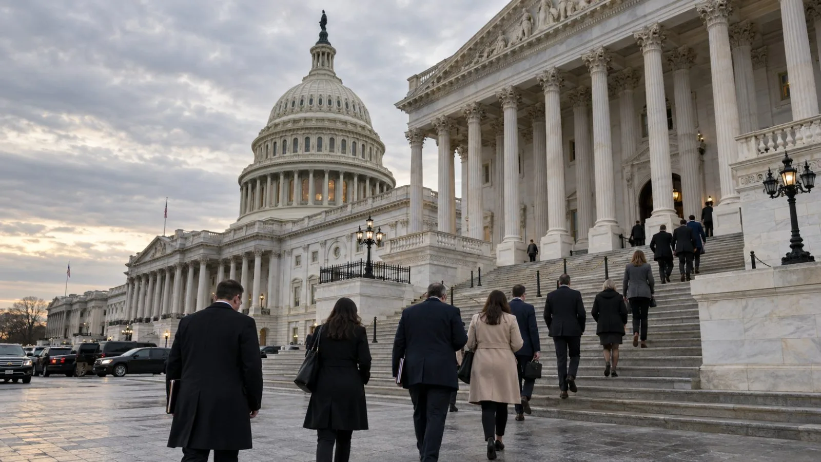 Lawmakers enter the Senate wing of the U.S. Capitol in Washington, D.C., beneath overcast skies (AI-generated image / EconoTimes)