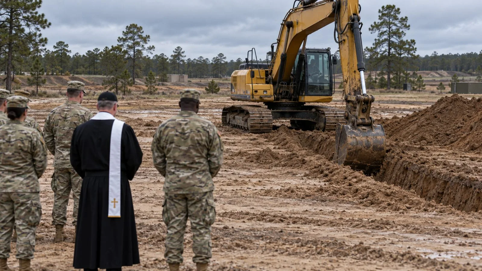 An excavator opens a training trench during a burial-procedures exercise at Fort Bragg, North Carolina. (AI-generated image / EconoTimes)