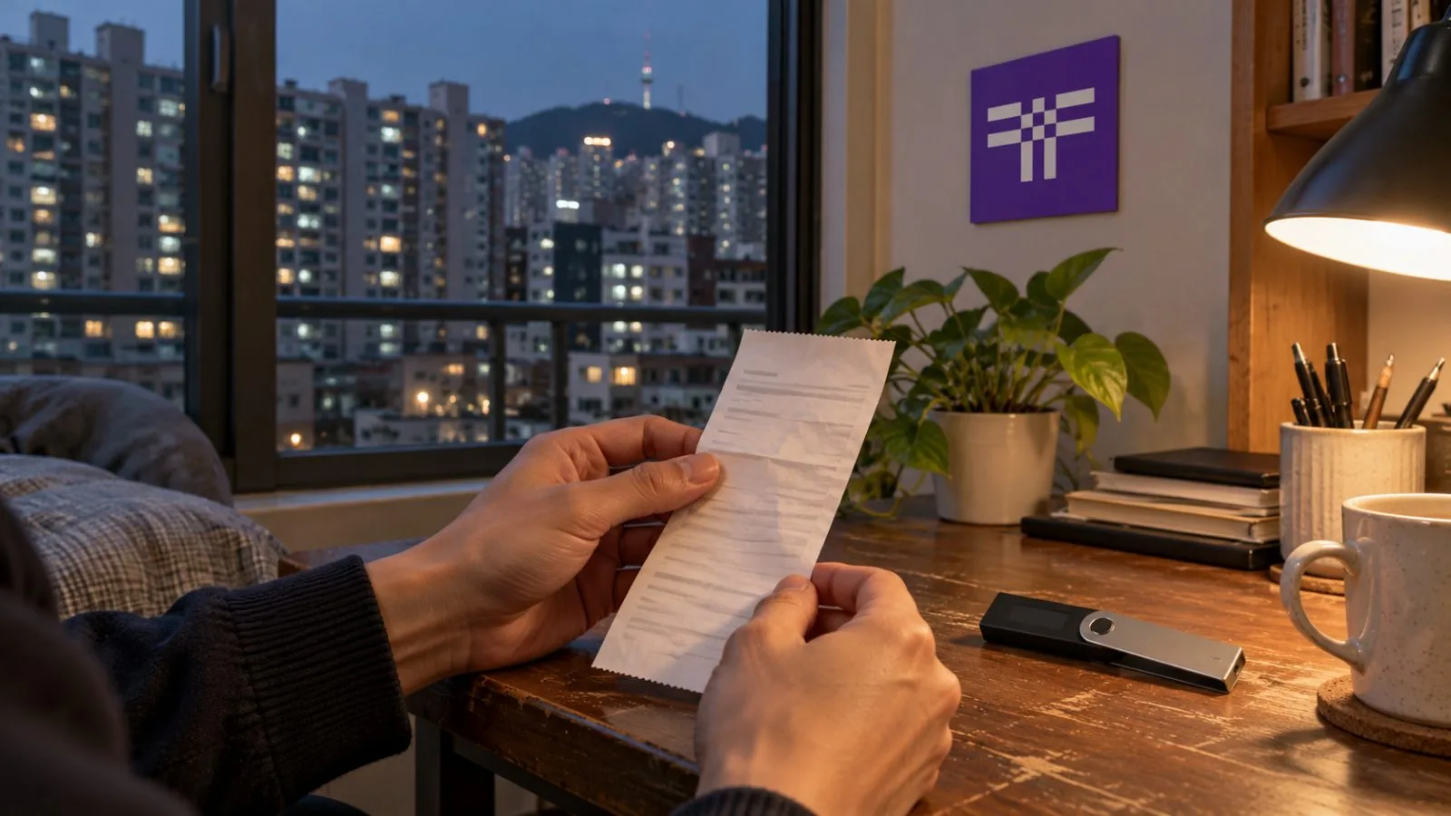 A customer holds a hardware wallet at a digital-asset custody counter in Seoul. / EconoTimes.ai