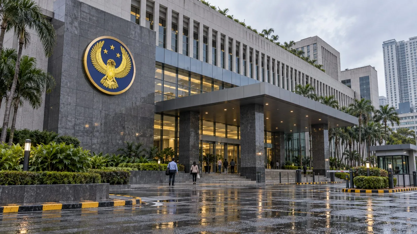 Pedestrians pass the central bank headquarters in Manila beneath a cloudy late-morning sky. / EconoTimes.ai