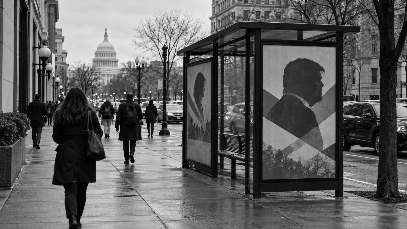 Campaign advertisements occupy a bus shelter as pedestrians pass on a Washington, D.C. street. (AI-generated image / EconoTimes)