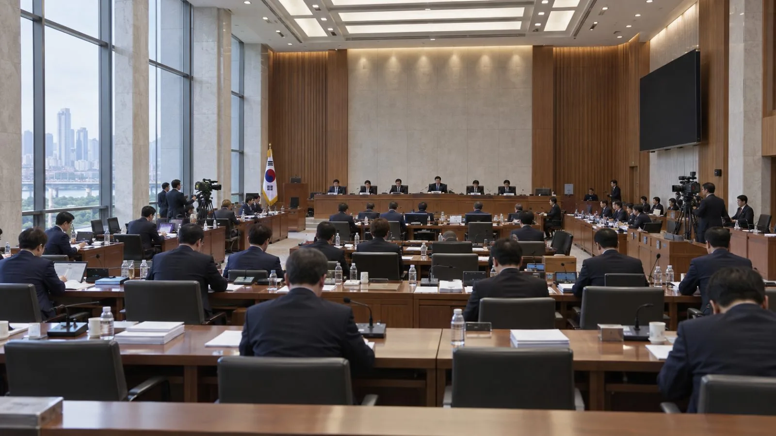Lawmakers and officials sit at microphones during an audit hearing at Seoul’s National Assembly. (AI-generated image / EconoTimes)