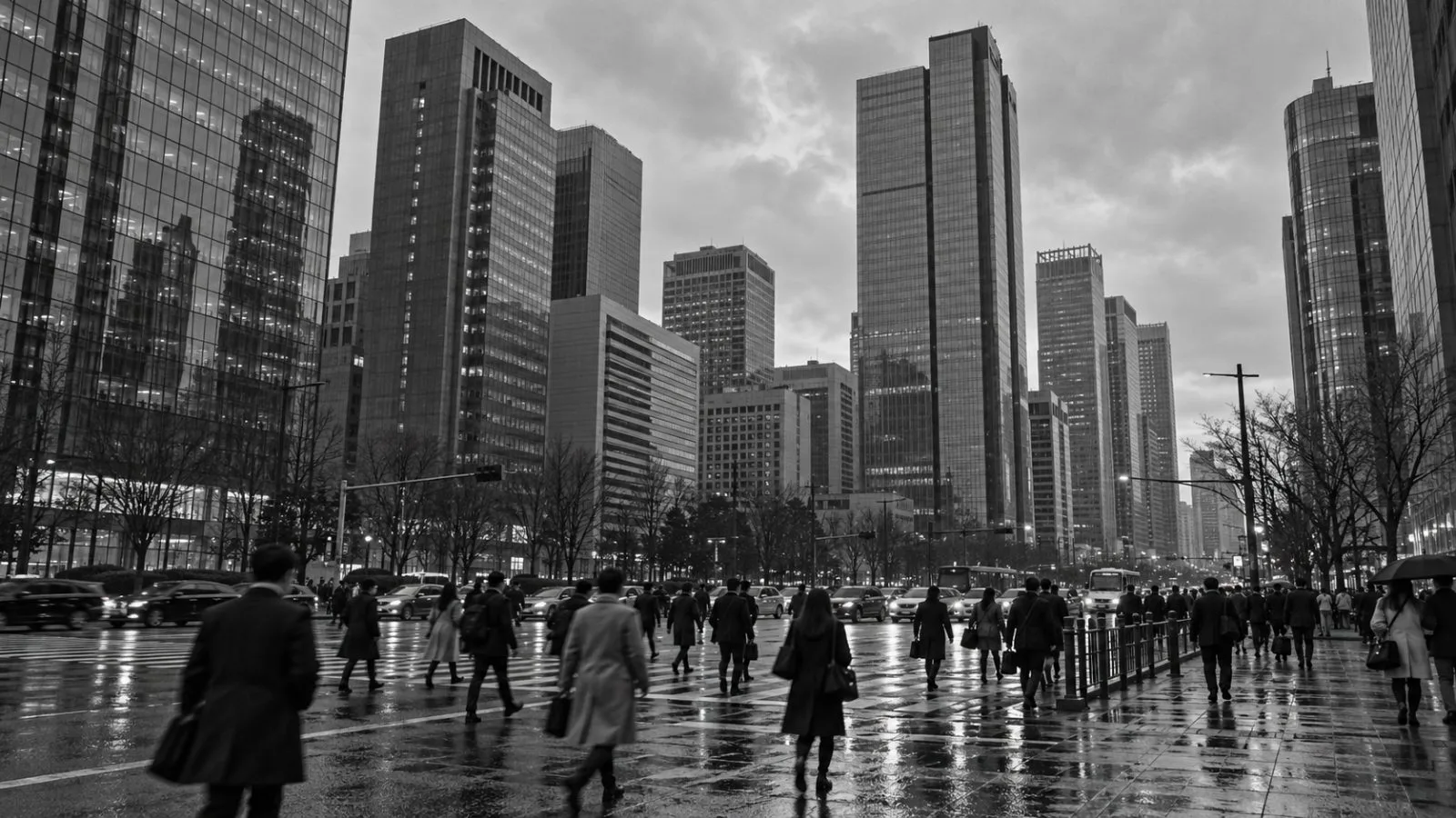 Office workers cross a plaza in Seoul’s Yeouido financial district after the market closes. (AI-generated image / EconoTimes)