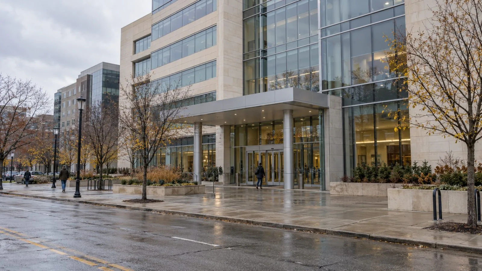 Endeavor Health’s corporate center entrance faces a street in Evanston, Illinois. (AI-generated image / EconoTimes)