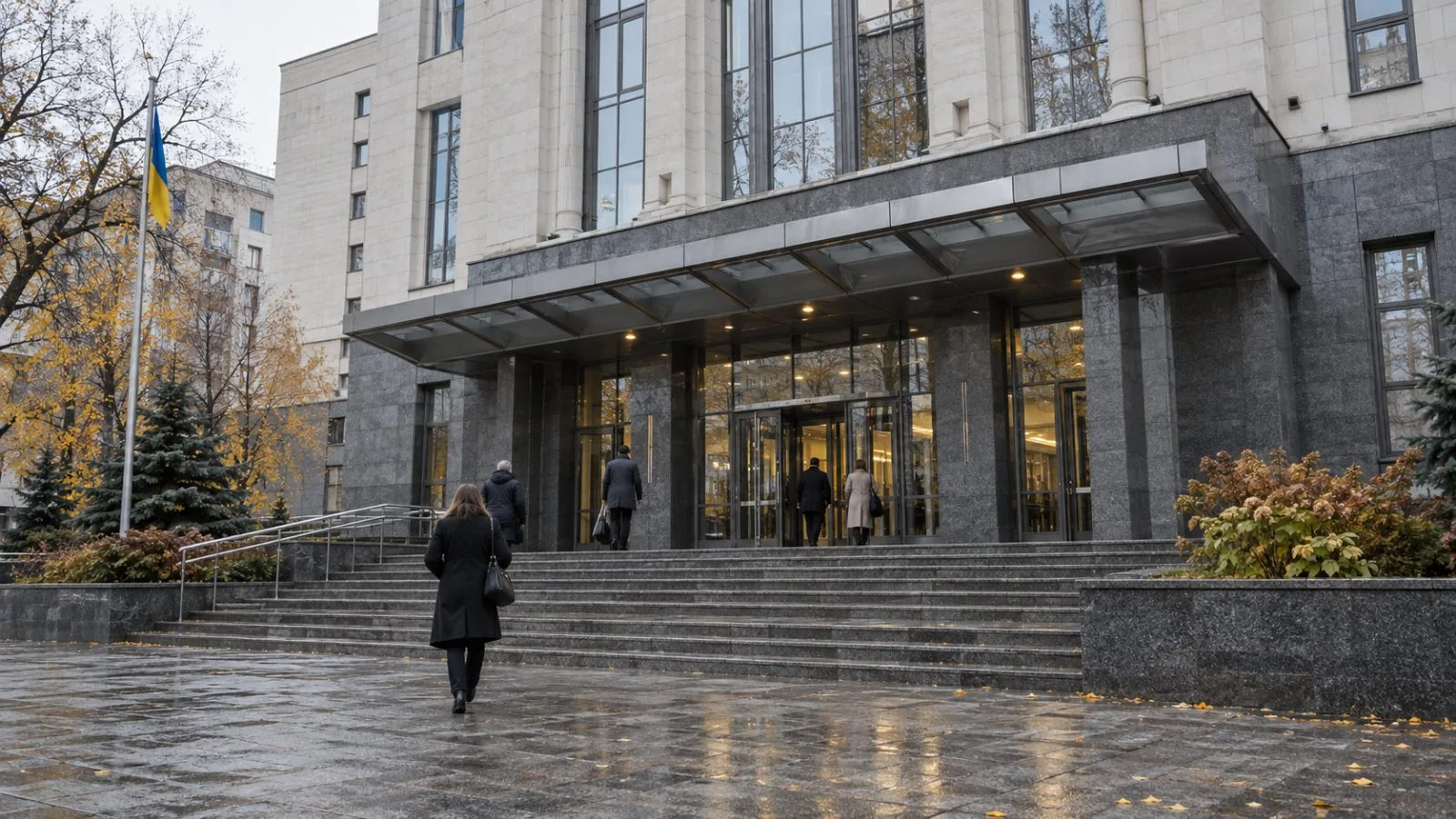 Anonymous visitors enter Ukraine’s High Anti-Corruption Court in Kyiv on an overcast autumn morning. (AI-generated image / EconoTimes)