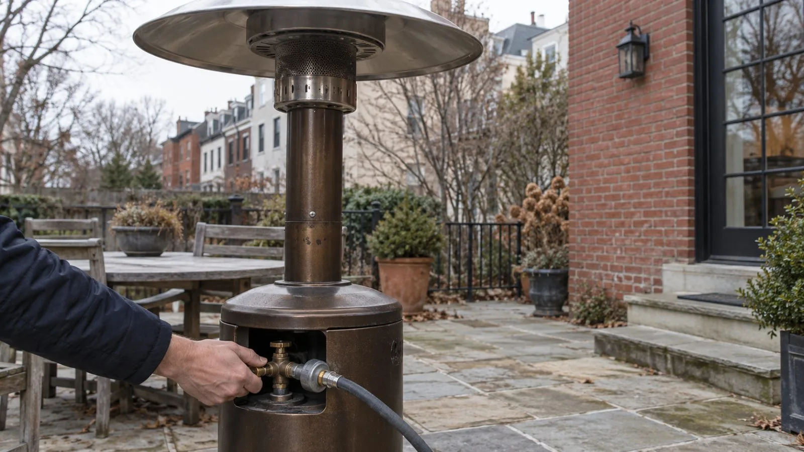 A patio heater stands beside its disconnected gas hose on a Washington, D.C., residential patio. (AI-generated image / EconoTimes)
