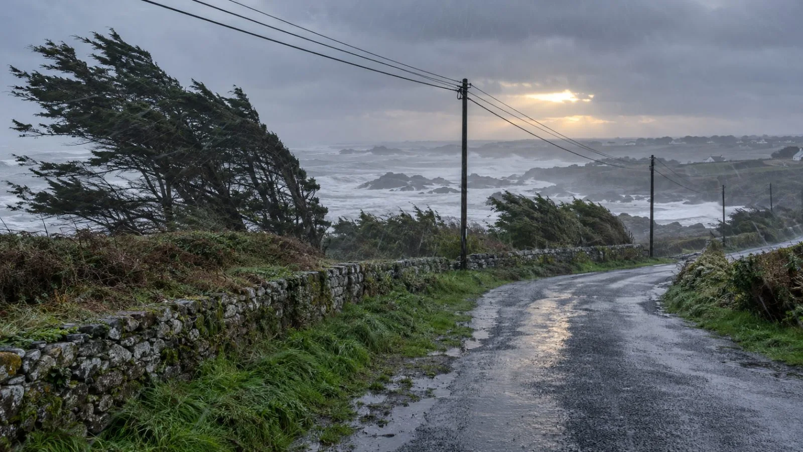 Trees bend beside a rain-swept coastal road in Plovan, Brittany, France. (AI-generated image / EconoTimes)