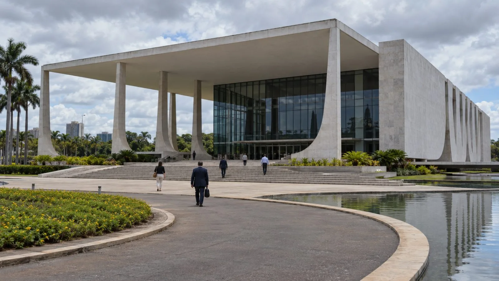 Visitors approach the Superior Electoral Court in Brasília on a cloudy morning. (AI-generated image / EconoTimes)
